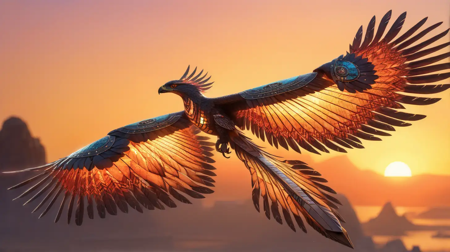 The solar emberhawk glides through the skies with feathers aglow in the hues of a setting sun, harnessing solar energy to unleash searing beams.