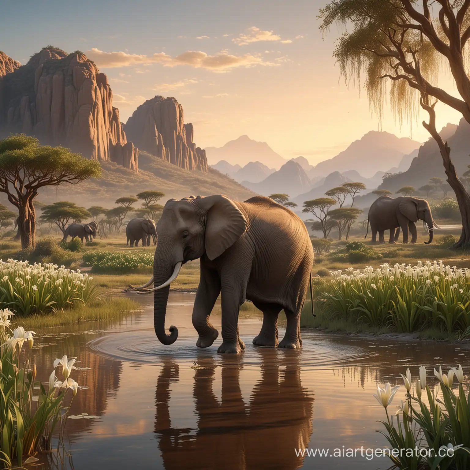 Majestic-Elephant-Carrying-White-River-Lily-in-Savannah-Landscape