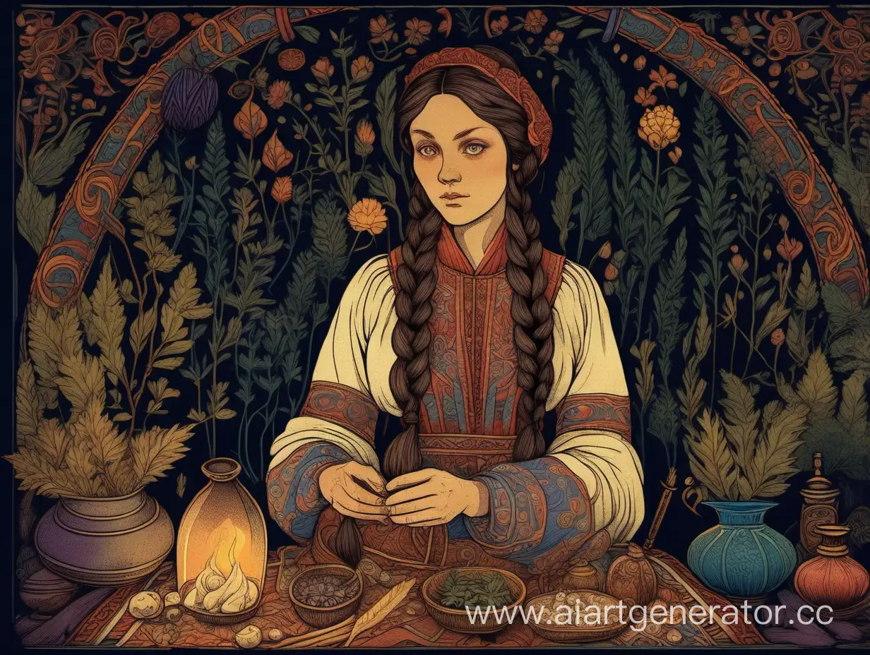 Russian-Folk-Medicine-Practitioner-with-Braided-Hair-and-Herbs-in-Traditional-Setting