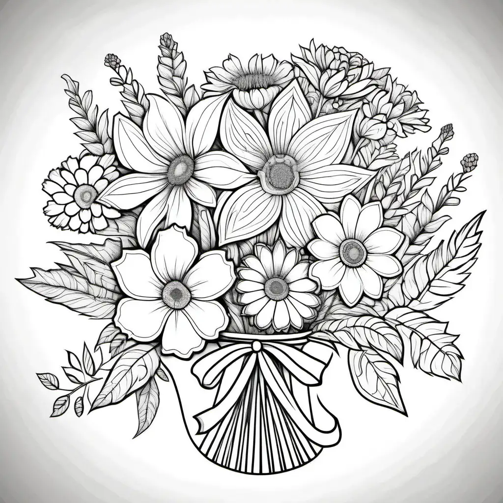 coloring page with a top flower bouquet