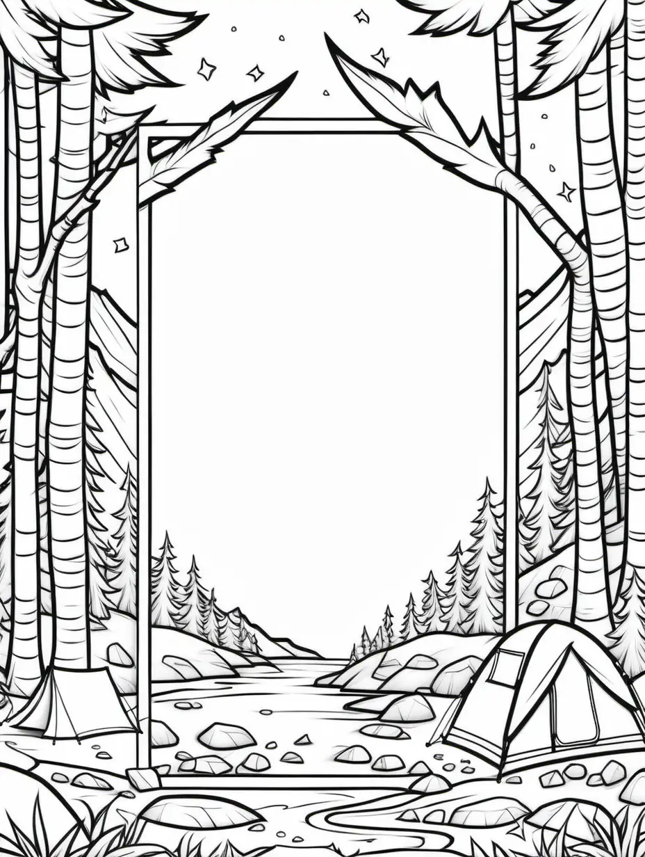 camping themed photo frame background coloring book, black and white, line art, thick black lines