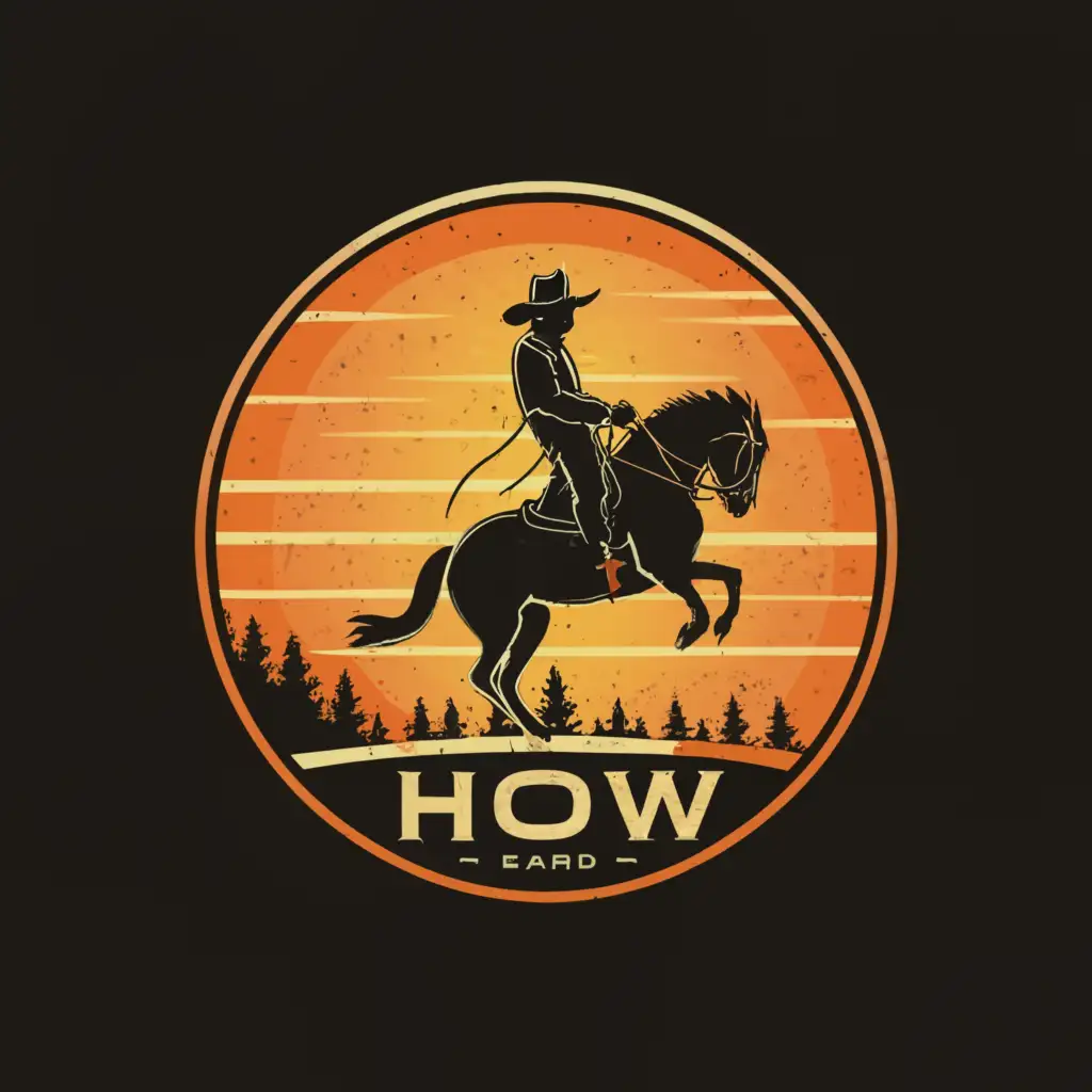 a logo design,with the text "HOW-D", main symbol:cow boy riding horse, horse front legs up, background sunset, on top of sun logo name HOW-D,complex,be used in Travel industry,clear background