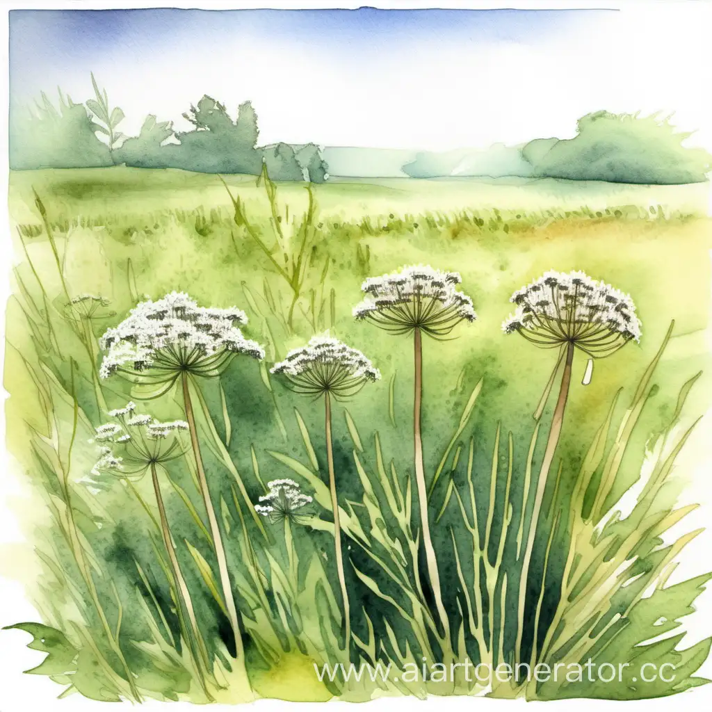 поле, трава, борщевик, акварельный рисунок