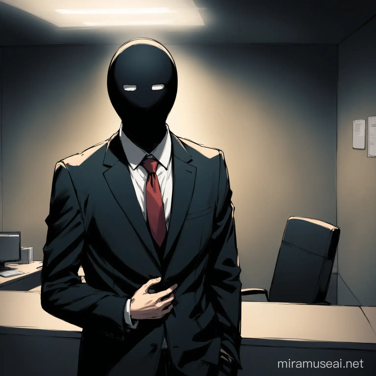 Persona sin rostro, con traje en una oficina subterranea con una noca en el estomago