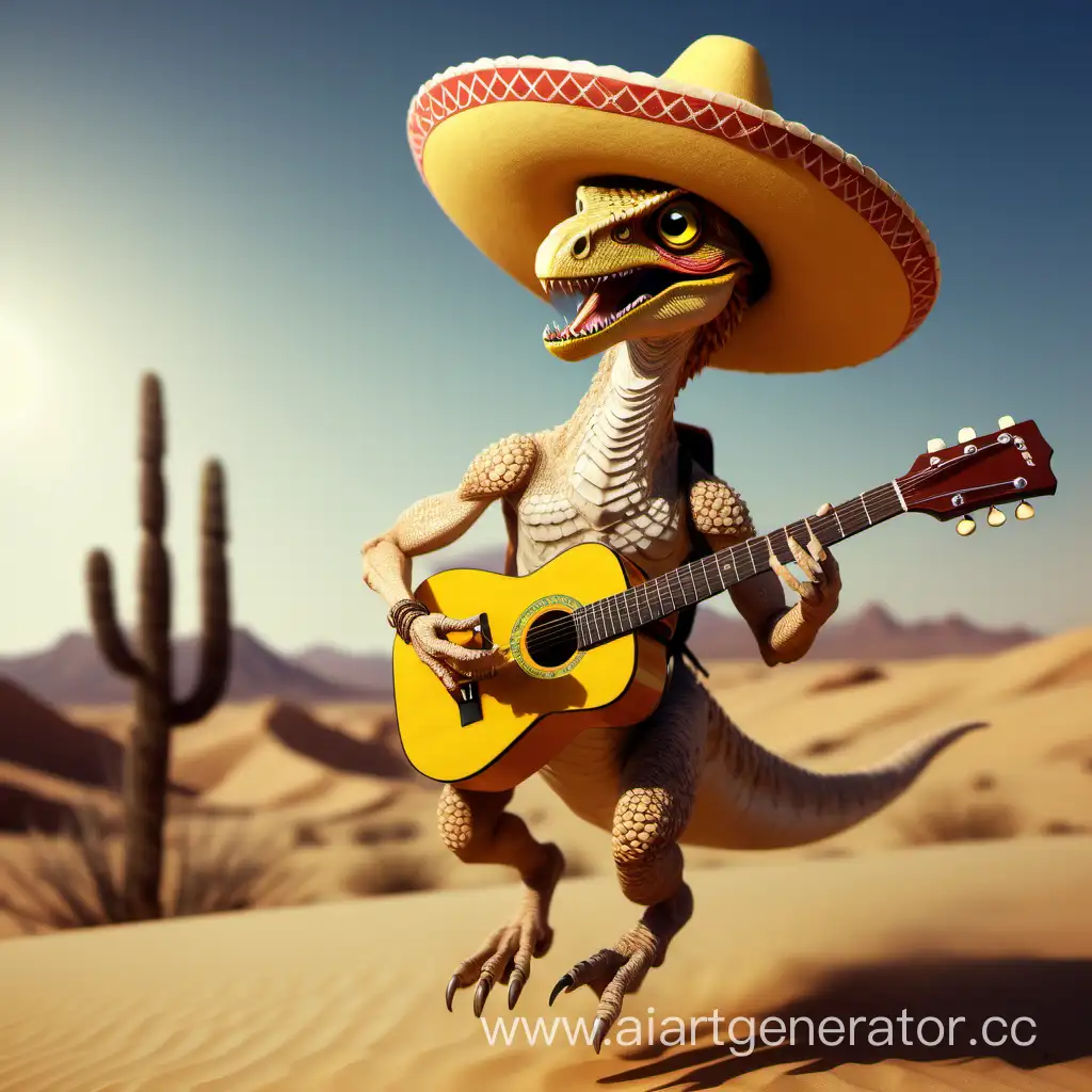 Раптор в мексиканской шляпе, завивающиеся усы, желто-бежевая чешуя, бежит по пустыне, на спине гитара