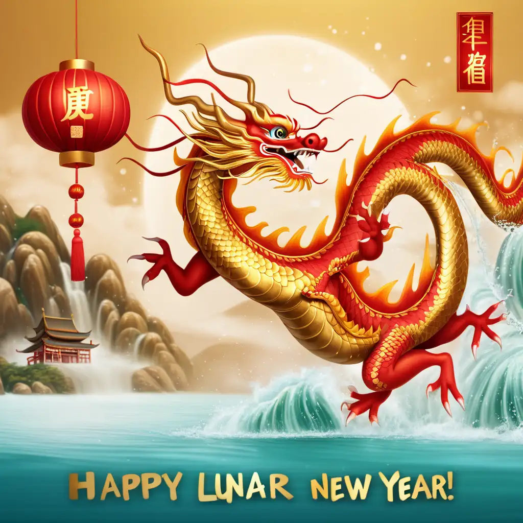 Golden dragon flying over water with the text Happy Lunar New Year!