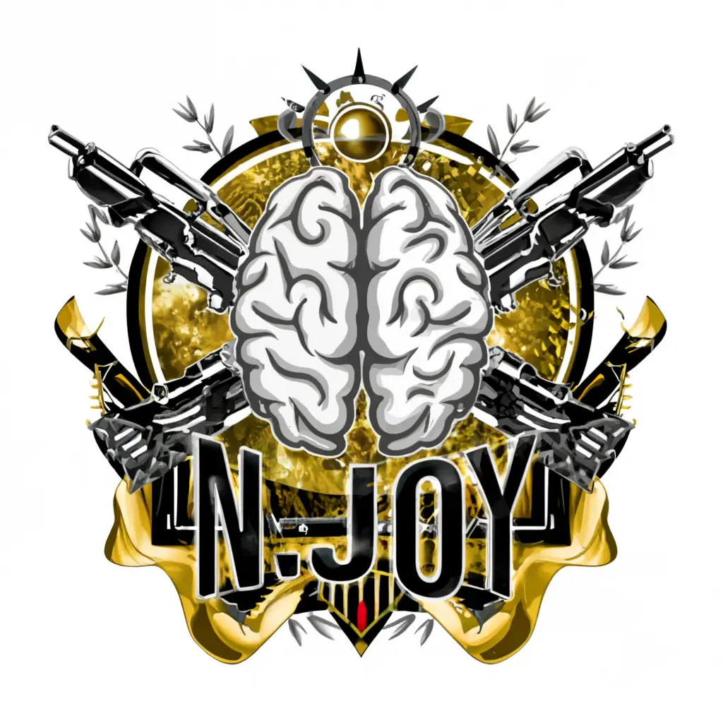 a logo design, with the text N-Joy, main symbol: aibrain, skull, headshot, weapons, fallout

background space dark