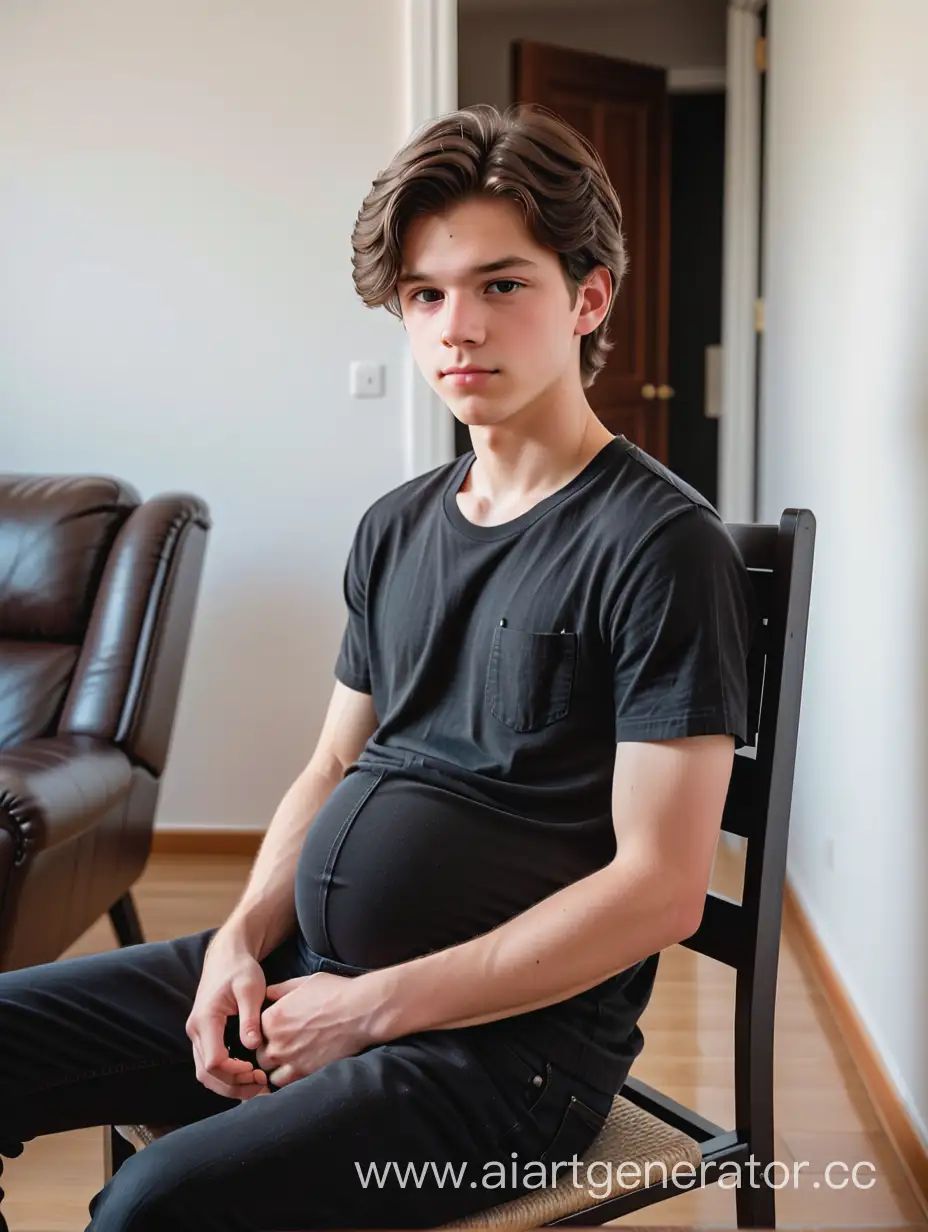 Красивый румяный Шестнадцатилетний мальчик, на Шестом месяце беременности. у него чистые, Пышные Темно-русые волосы, прическа до висков. На нем надеты джинсы Черного цвета и Футболка белого цвета. Он сидит на стуле дома посреди комнаты 