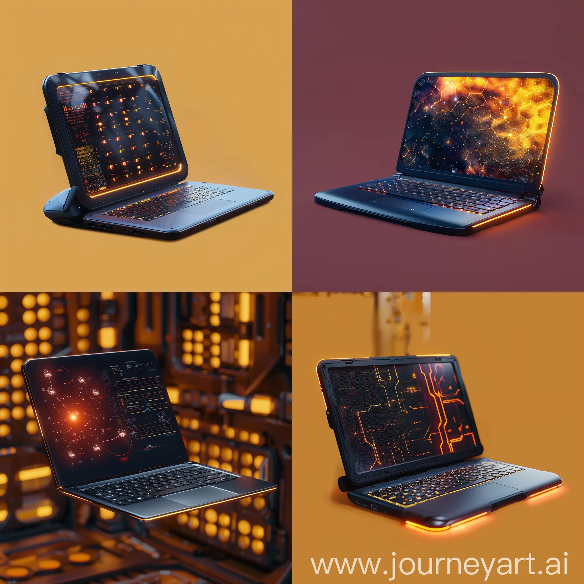 Futuristic laptop https://media.wired.com/photos/64daad6b4a854832b16fd3bc/master/pass/How-to-Choose-a-Laptop-August-2023-Gear.jpg:: Flexible and foldable display, Holographic display, Biometric security, Artificial intelligence integration, Wireless charging, Augmented reality (AR) capabilities, Voice and gesture control, Advanced connectivity, Self-healing materials, Quantum computing, Neural interface, Cybernetic implants, Augmented reality overlay, Enhanced sensory input, Self-upgrading hardware, Cybernetic security measures, Energy harvesting, Adaptive learning algorithms, Telepathic communication, Biomechanical design, octane render --stylize 1000