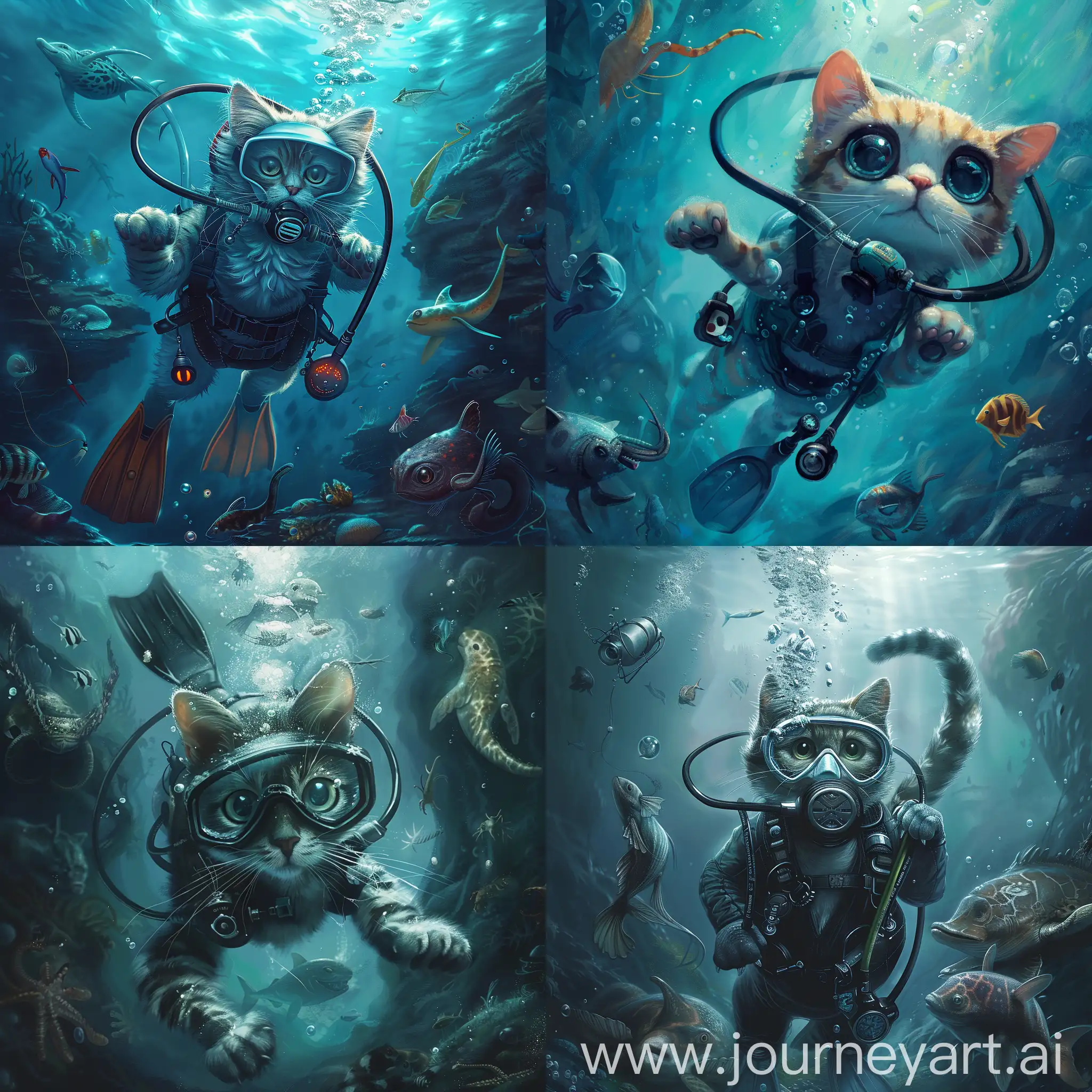 scuba diving cat, under the ocean, deep sea, sea creatures around, illustration, digital art, hd