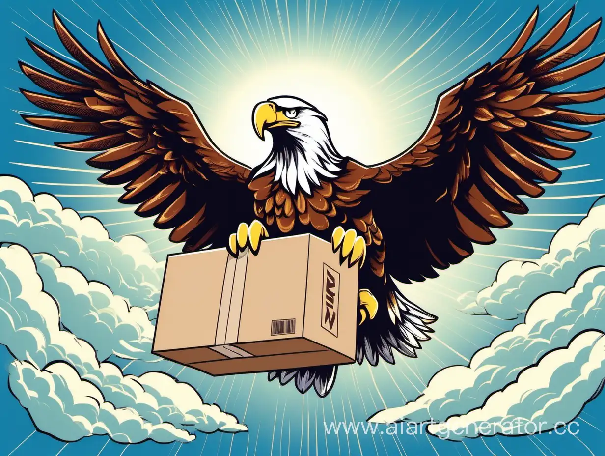 Очень большой орел в небе в когтях тянет ящик с надписью новый товар фон прозрачный