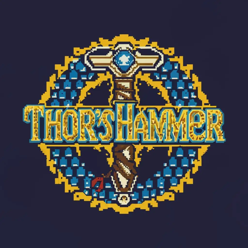 a logo design,with the text "Thor's Hammer", main symbol:retro 16-bit graphics, Pagan, Mjolnir, Thor's Hammer pendant, more blue, silver, brown, lightning bolts yellow  in the background, Norse Myth, Ullr, Eir, Winter, Nordic Shield, runes,complex,be used in Home Family industry,clear background