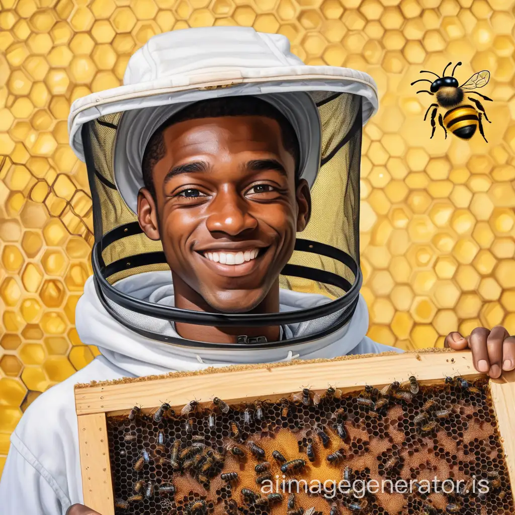 A young lanky 30 year old black beekeeper who's the size of a bee,  inside a bee hive... happy with the bees right inside their hive