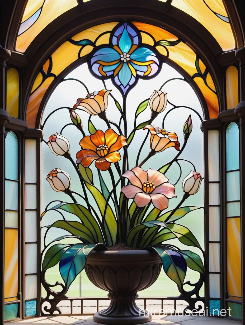 Art Nouveau Stained Glass Floral Ornament in Garden Gazebo