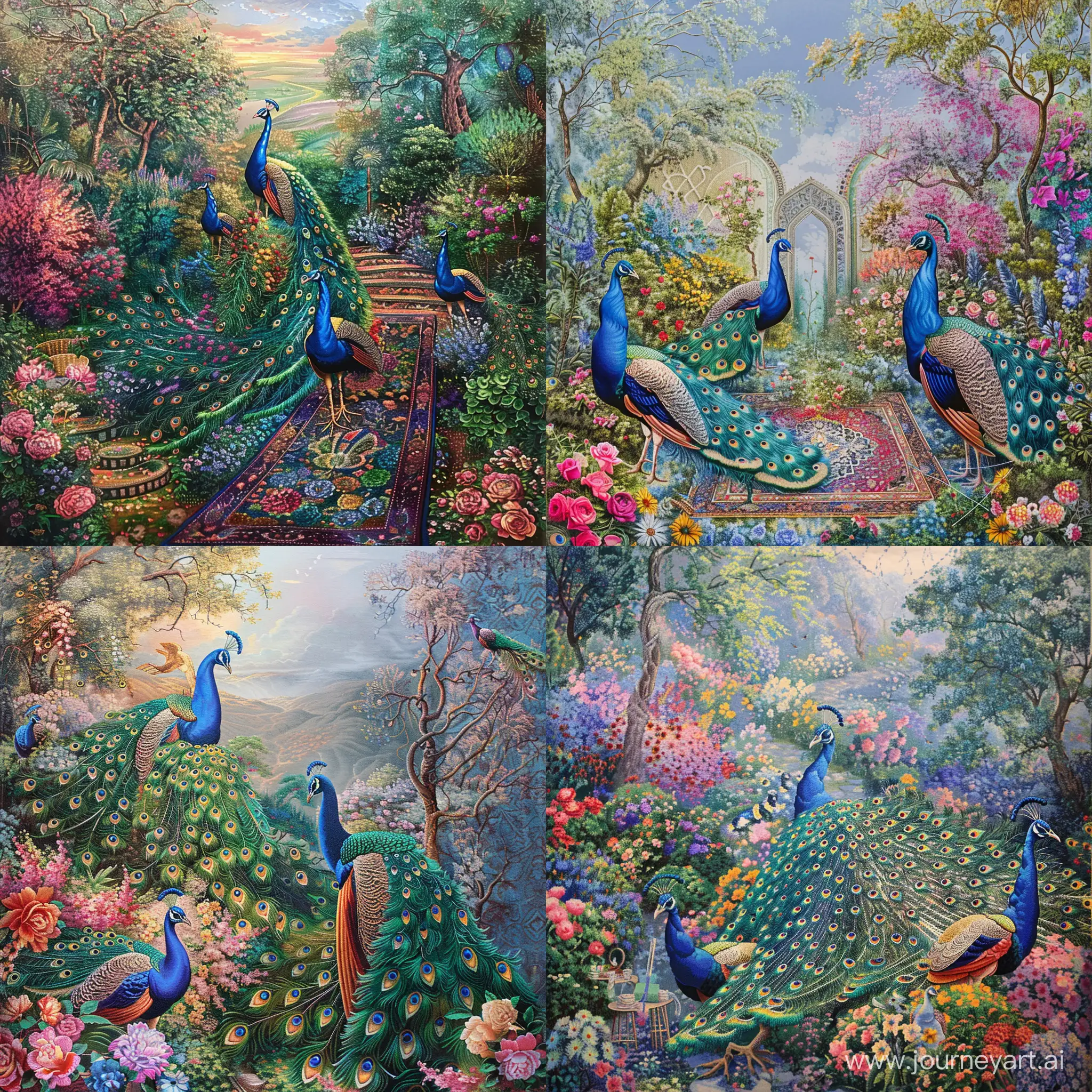 Iranian carpet is being woven from peacocks in heaven, where beautiful flowers and trees can be seen, the carpet weaving tools are also in the picture, the highest quality, the photo is vertical