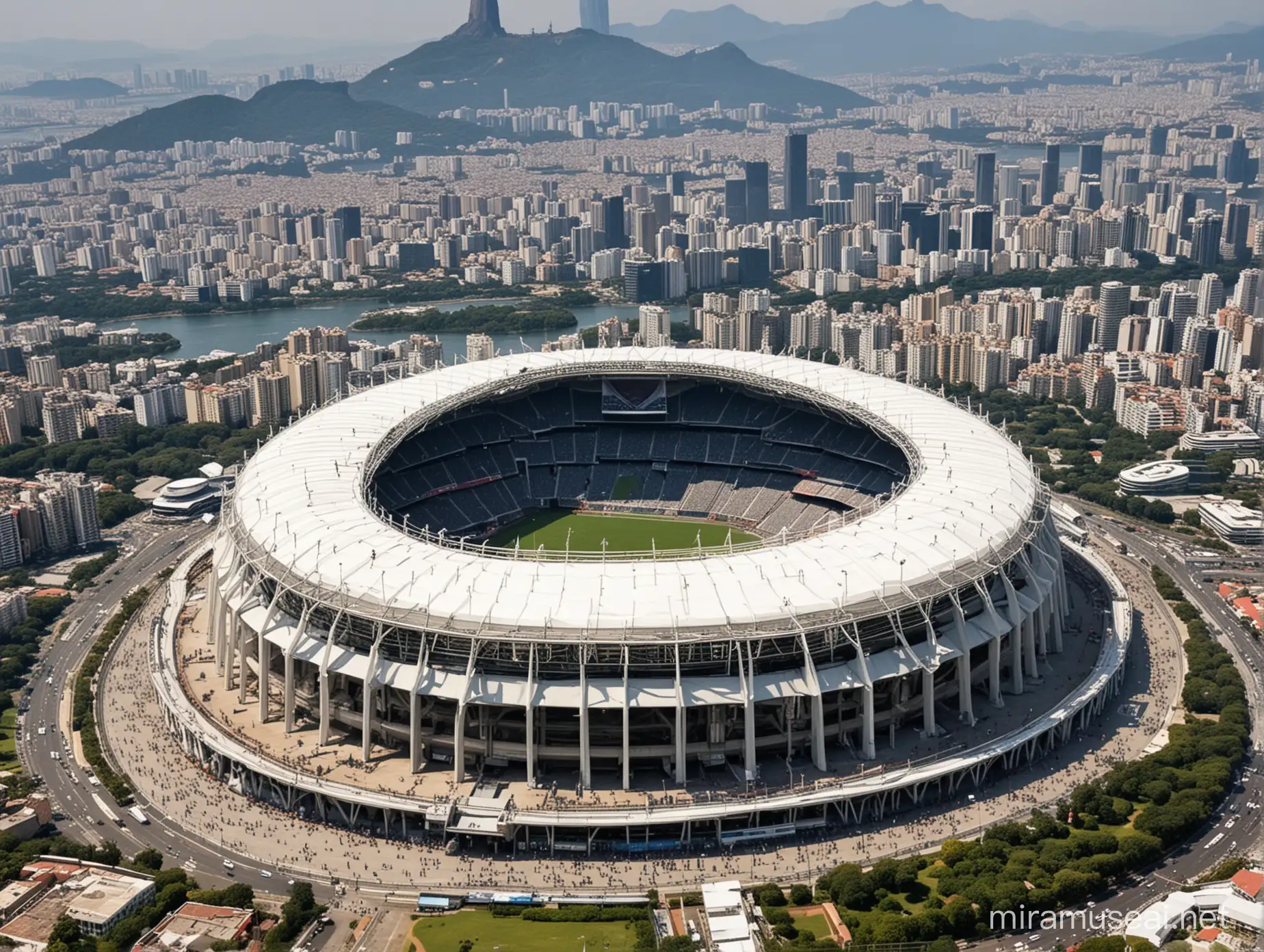 A huge humungous football stadium with a seating capacity of 82000, with a statue of Christ the Redeemer on top of the stadium 