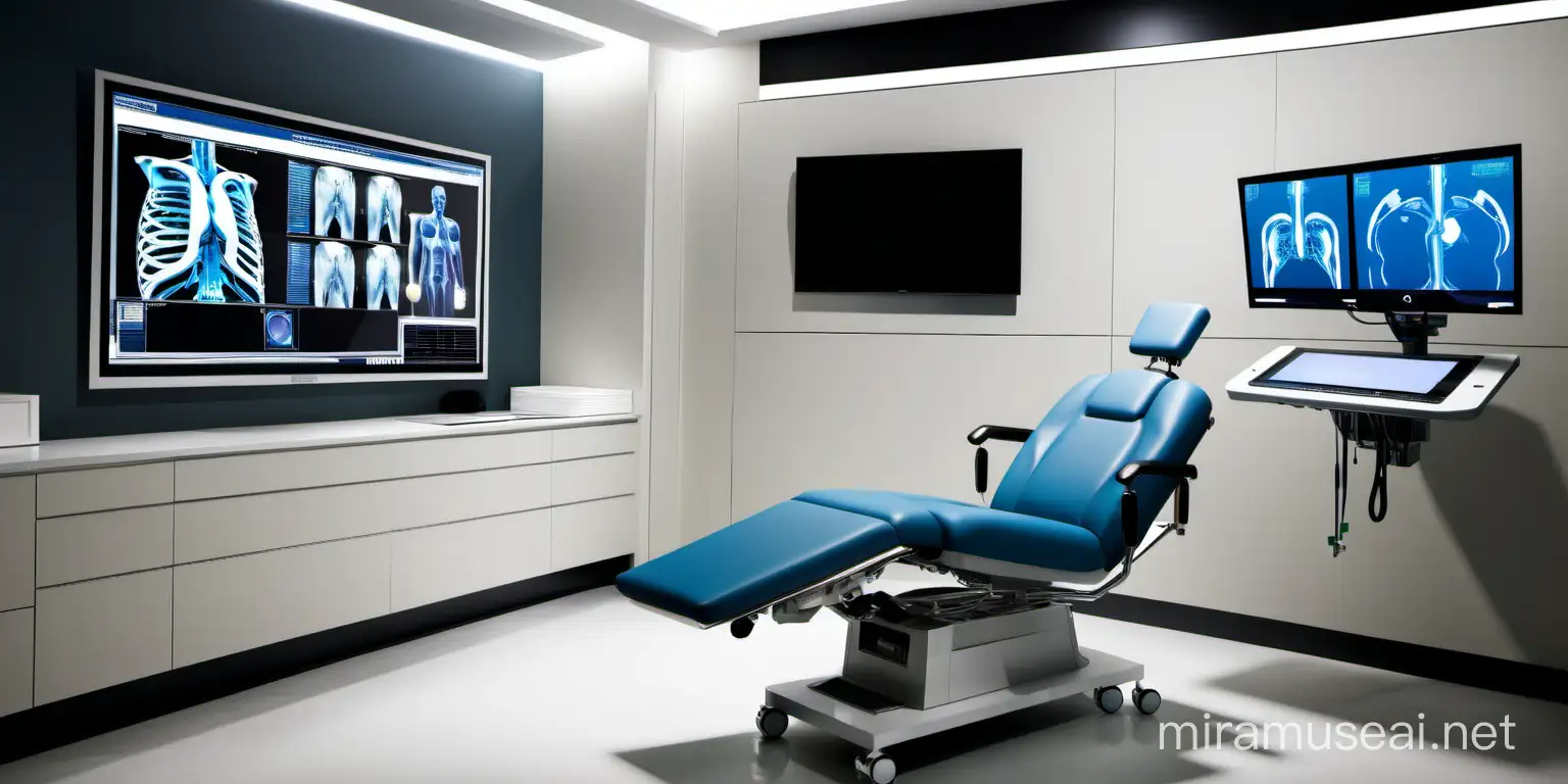 A modern and luxurious (((medical room))) that seamlessly integrates advanced technology, featuring a sleek bio-chair with interactive surface screens that meld seamlessly into the walls and a cutting-edge computer console on an adjustable arm next to a backless stool