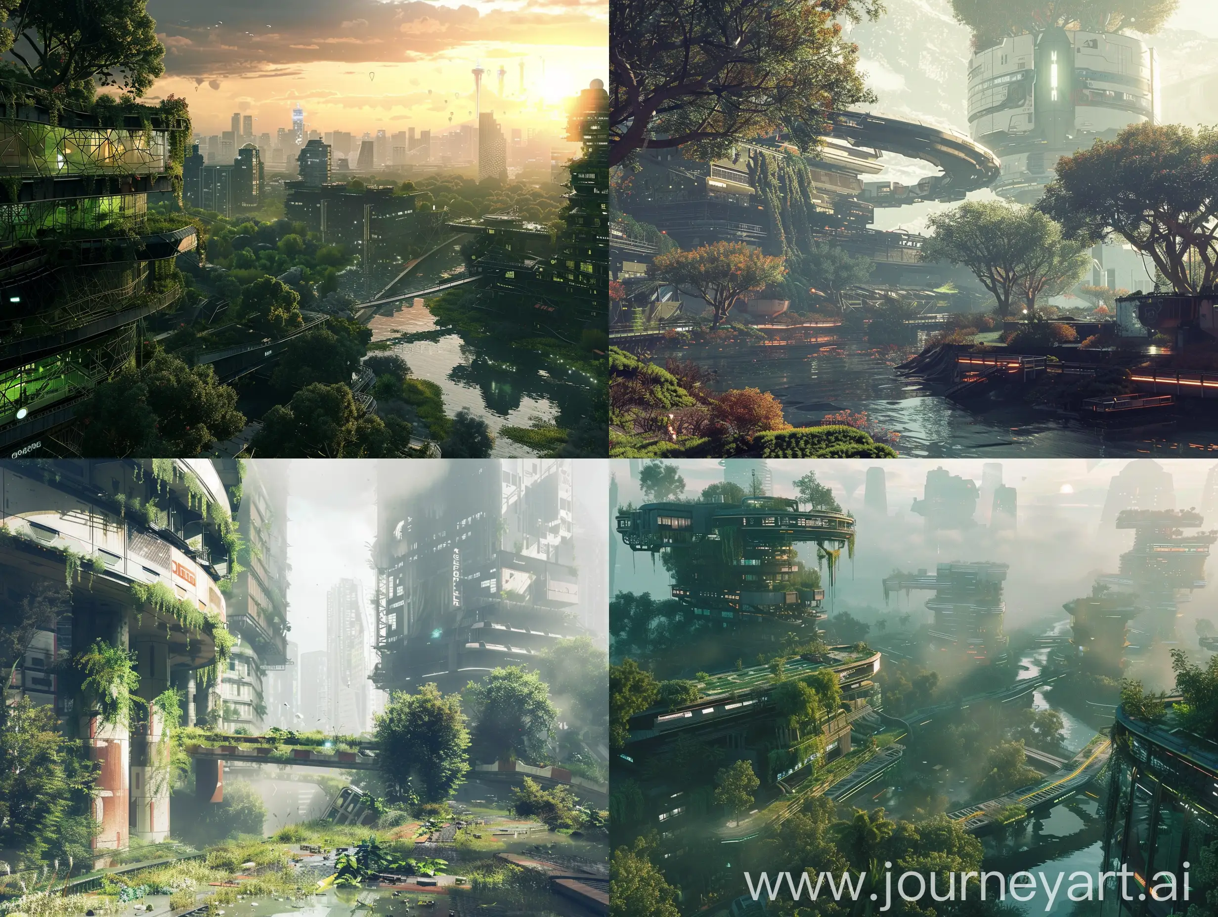 A dystopian futuristic CITY, soft lighting, environment, day time, nature,
