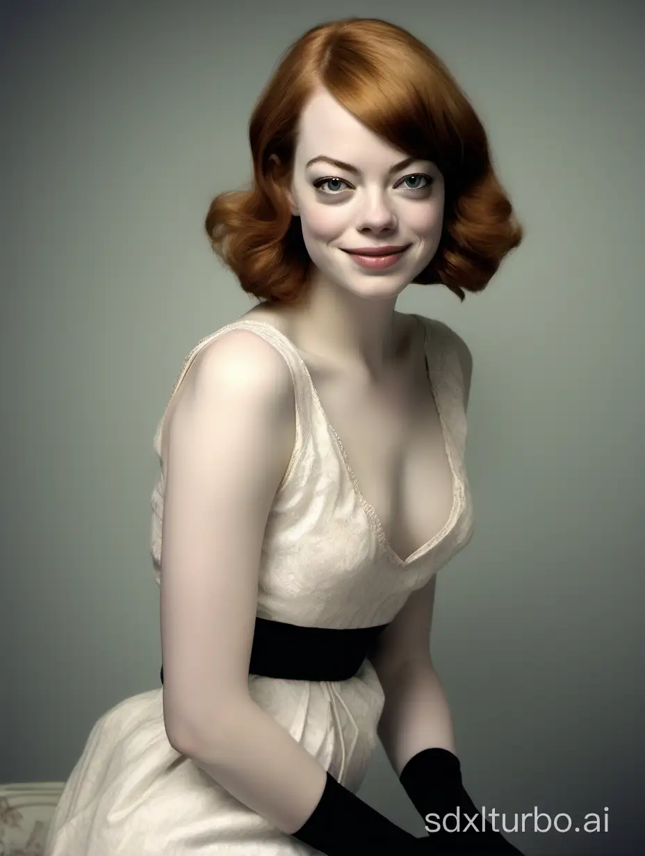 1 woman,like emma stone,(masterpiece, best quality, ultra high res, photorealistic, realistic, raw photo, real person, photograph), (amazing, finely detail, an extremely delicate and beautiful, sharp focus), a girl, full body, sexy, black stocking, long legs, cleavage, well developed,smile, sound fingers, perfect fingers,Photograph by Cecil Beaton