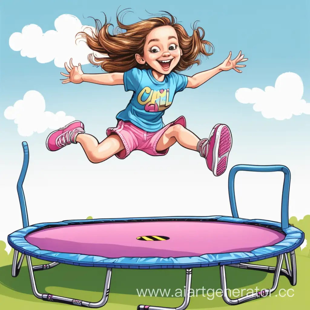 Девушка скачет на батуте  джампинг смешно  карикатура
