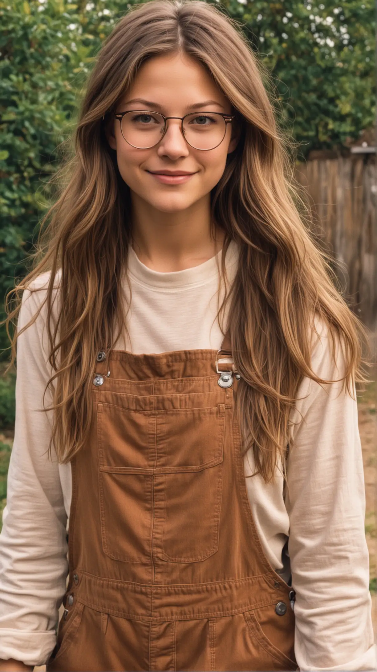 20-year-old Melissa Benoist with long hair. Wearing glasses, brown and dirty overalls in 1980s, Stranger Things