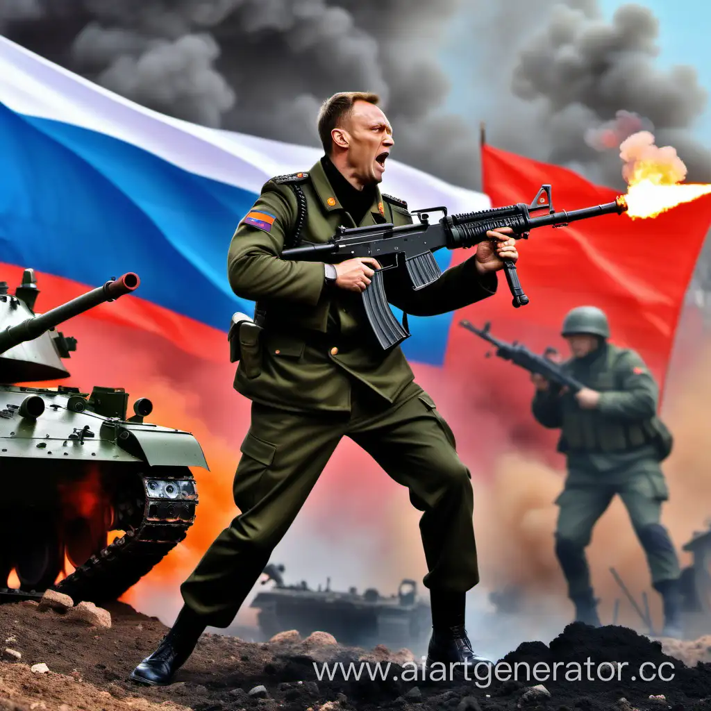 Алексей Навальный в форме российского сержанта стреляет из РПГ-7 в украинский танк.
На фоне цвета флага России