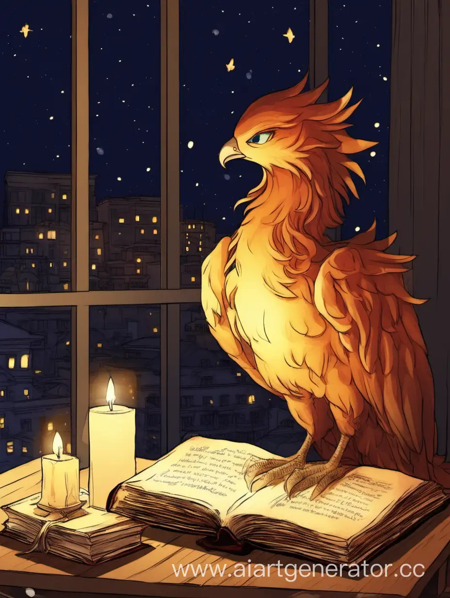 Phoenix is sitting on a table with a book by candlelight by the window at night