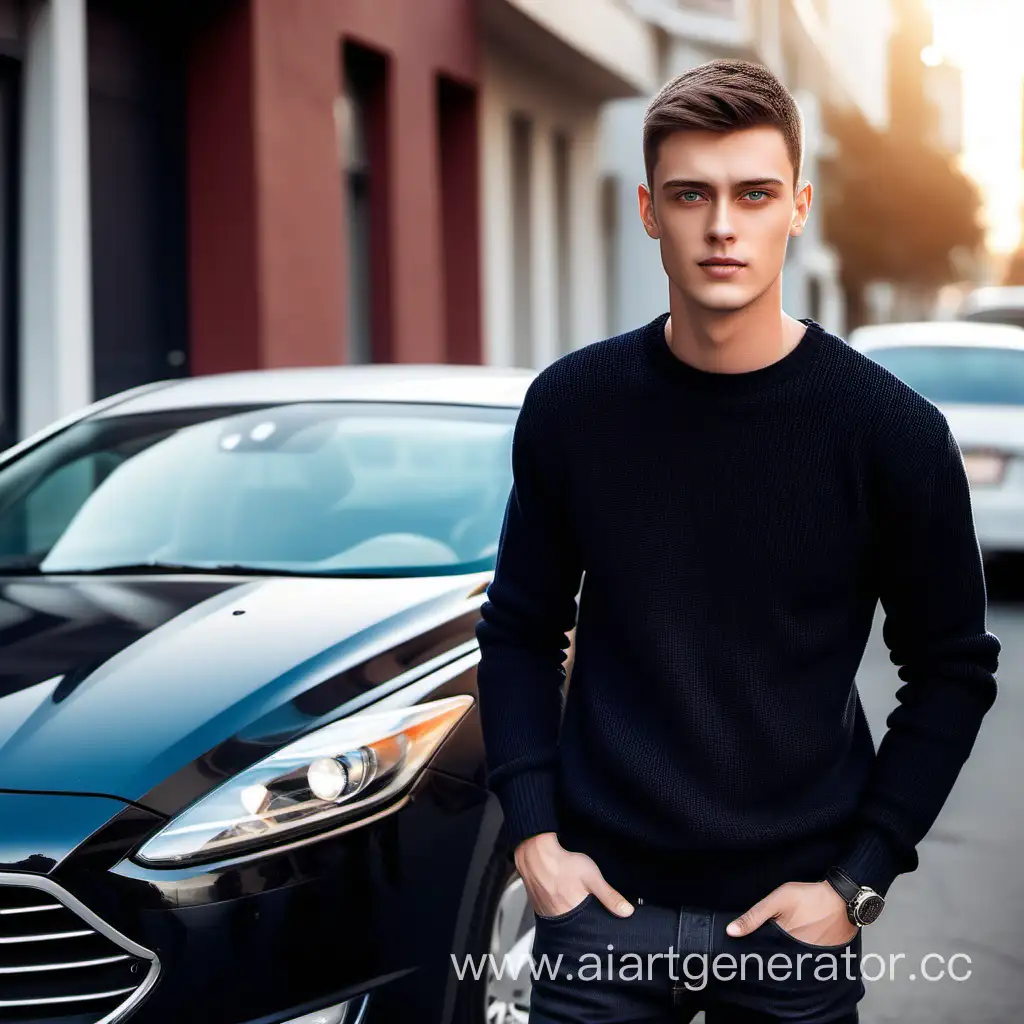 Handsome-Brunette-Man-in-Black-Sweater-Next-to-White-Car