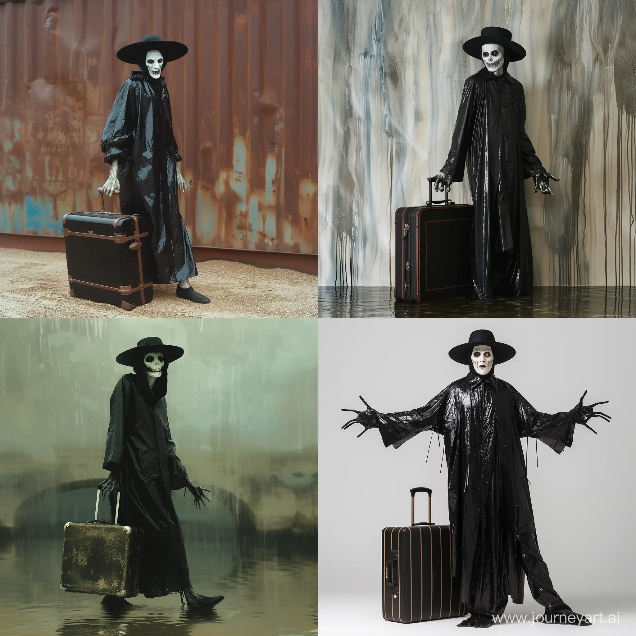 Elegant-Zombie-with-Black-Raincoat-and-Suitcase-in-Rainy-Weather