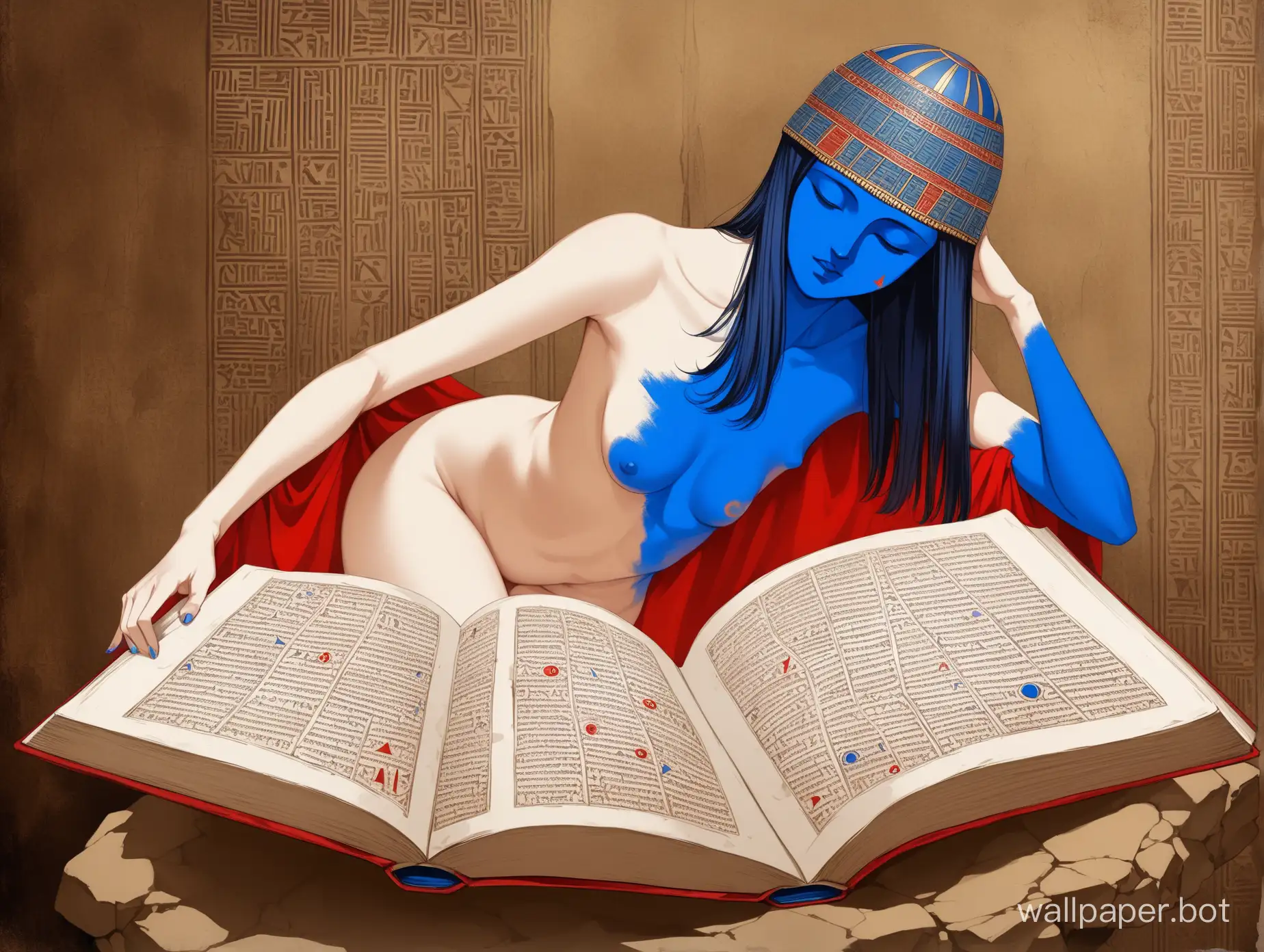 BaroqueInspired-HalfRedHalfBlue-Mosaic-of-a-Headless-Woman-with-CuneiformLike-Open-Book