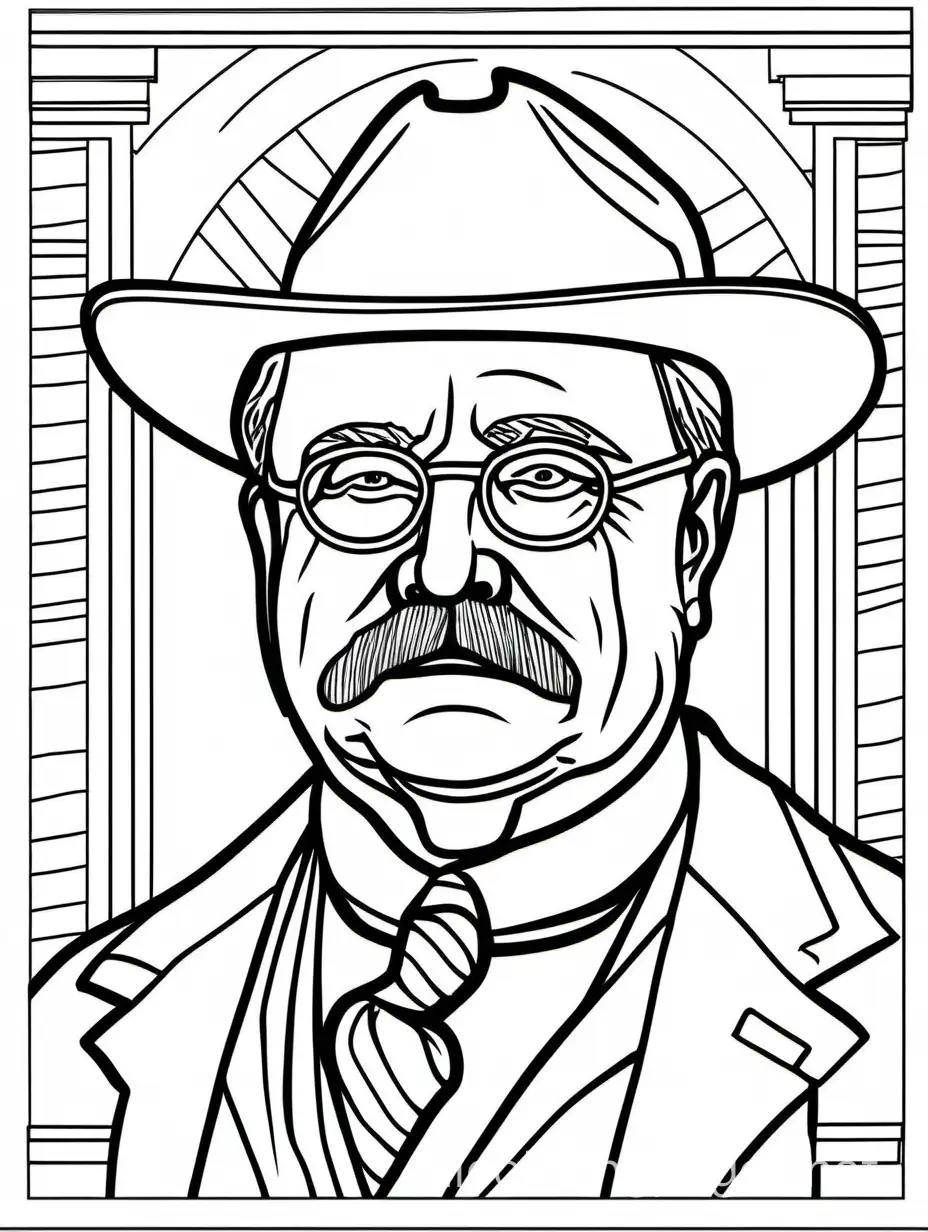 outline of President Theodore Roosevelt

with thick lines for a kids coloring page, Coloring Page, black and white, line art, white background, Simplicity, Ample White Space. The background of the coloring page is plain white to make it easy for young children to color within the lines. The outlines of all the subjects are easy to distinguish, making it simple for kids to color without too much difficulty