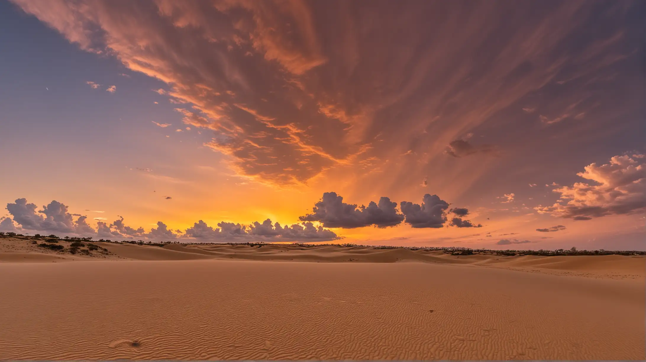 orange sky with clouds and golden sand land, the cloud should be in total 95% of the image from top to bottom and land should be only 5% visible remaining should be covered by clouds in sky