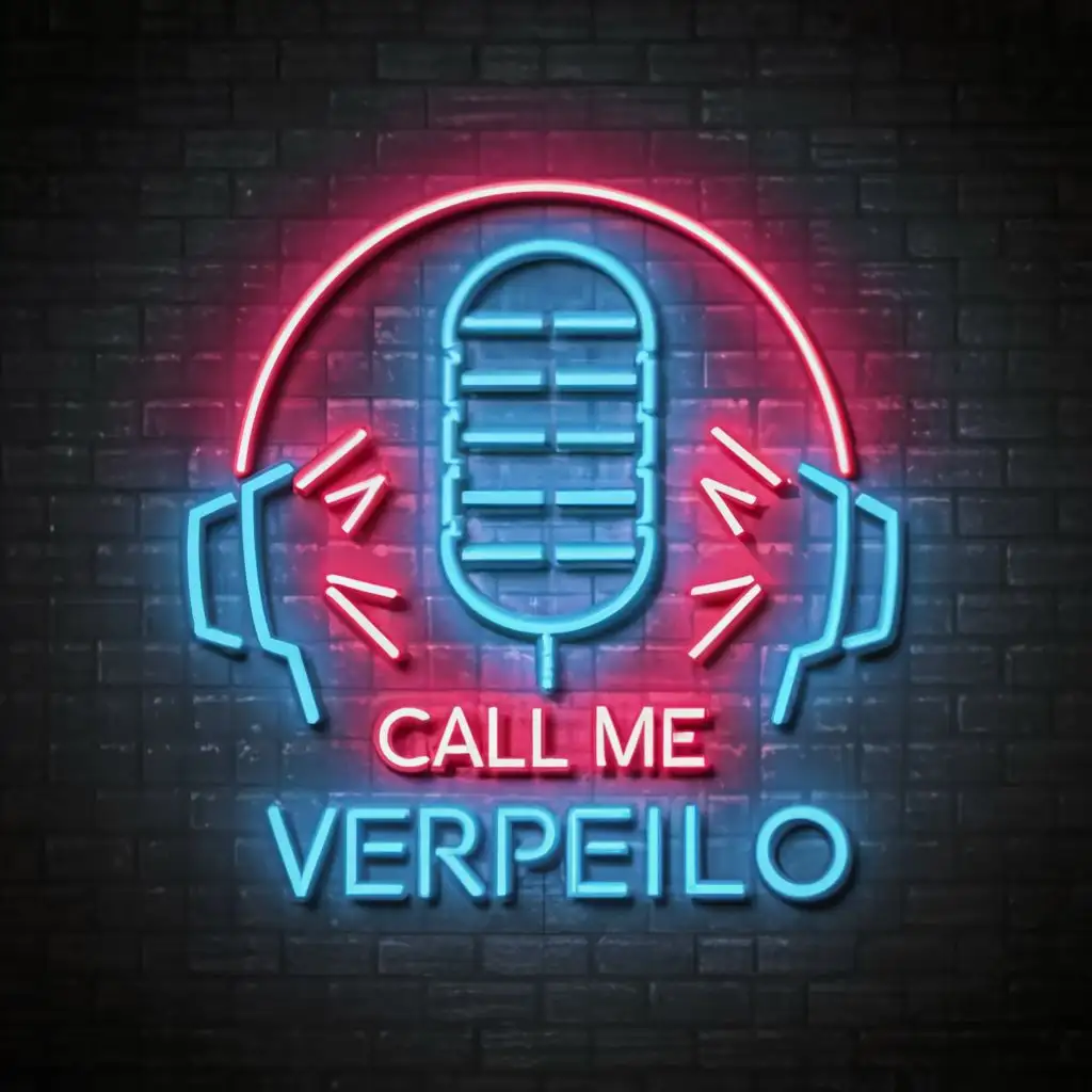 logo, neon front, dark background, microphones, with the text "Call me Verpeilo", typography, be used in Internet industry