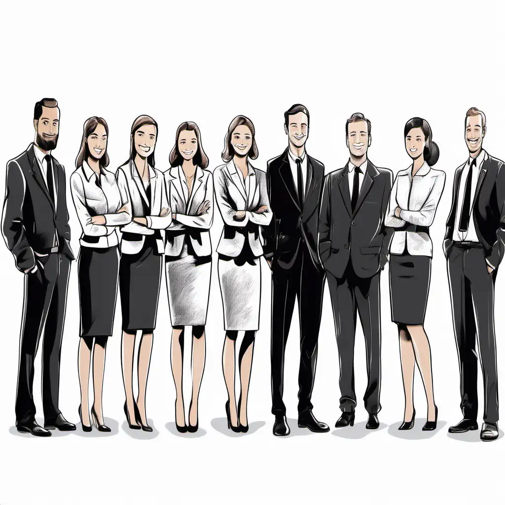 Six Friendly European Men and Women in Black and White Illustration