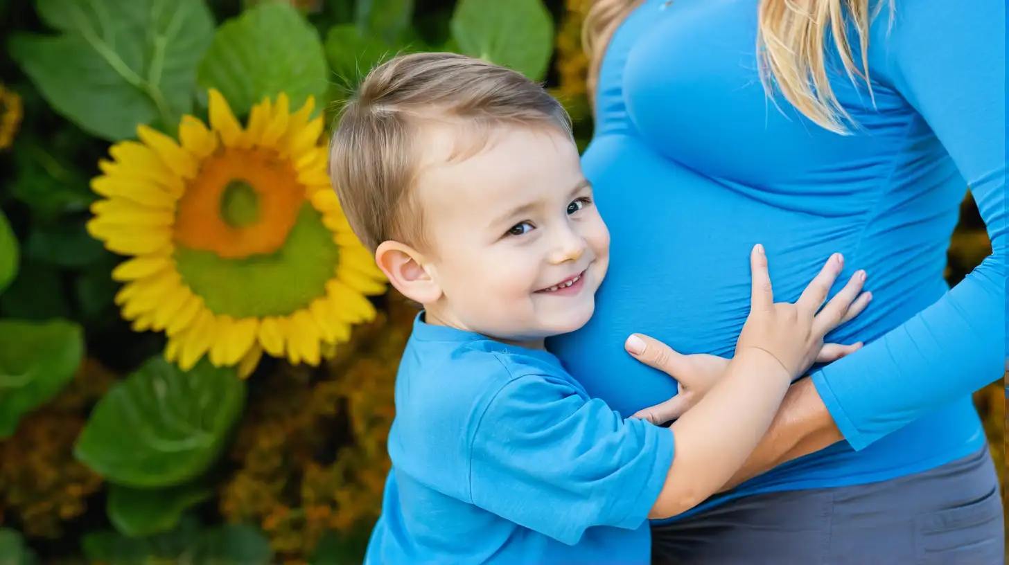 Joyful Little Boy Smiling While Holding Pregnant Mothers Belly