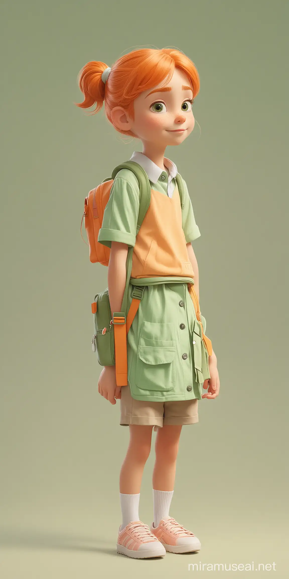 Ребёнок идёт в школу. Мультипликационный стиль Disney. Пастельные оттенки. Сплошная заливка фона. Оранжевый, белый, зелёный.