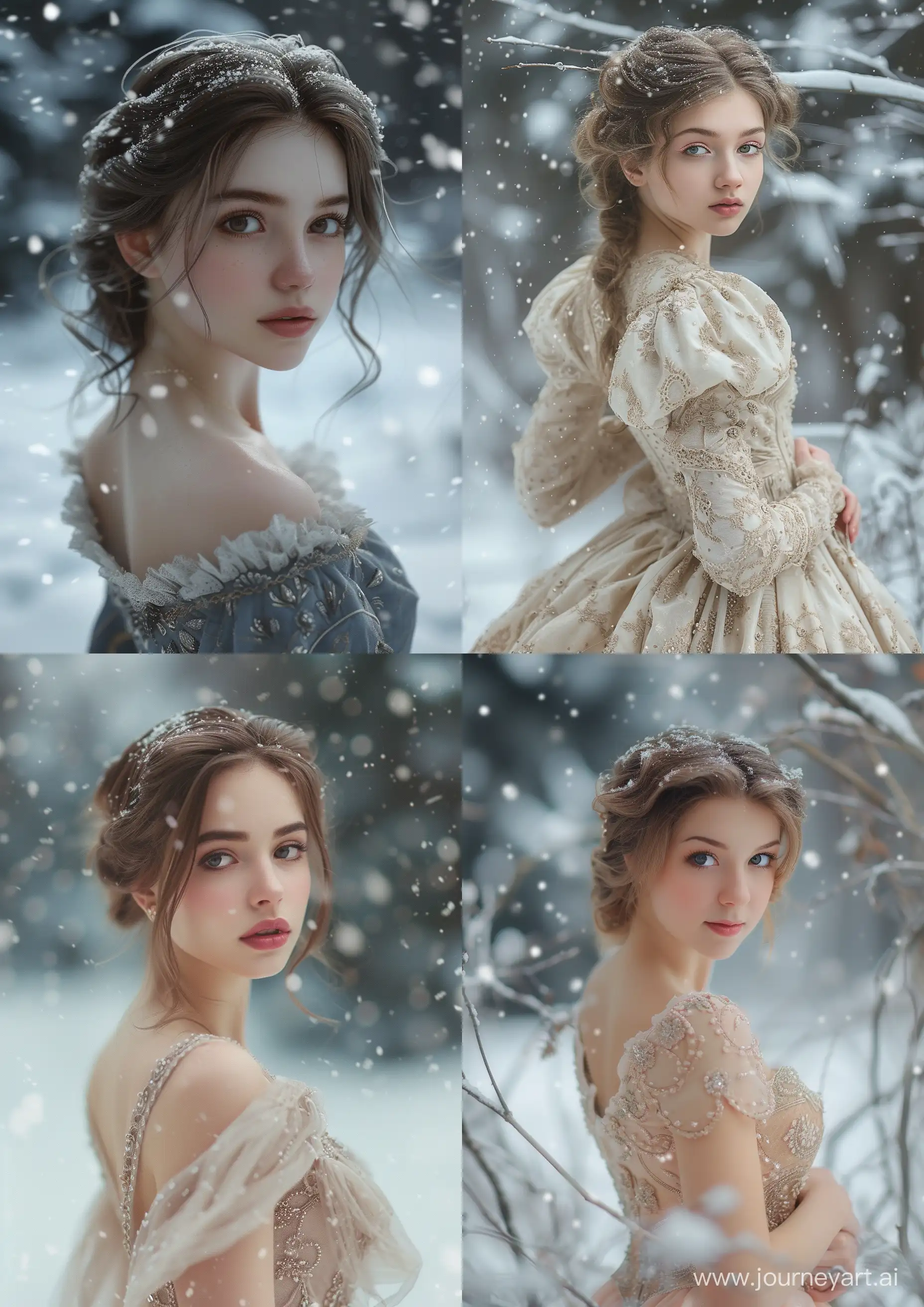 Красивая девушка в платье из зимы, 38 лет, январь, вокруг снег, фоторевлизм, --ar 5:7