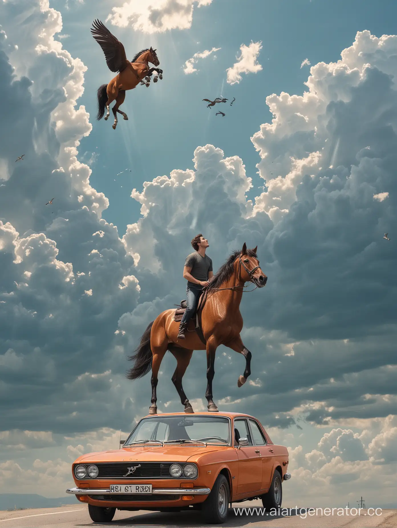 Man-Standing-on-Car-Observing-Flying-Horse-in-Sky