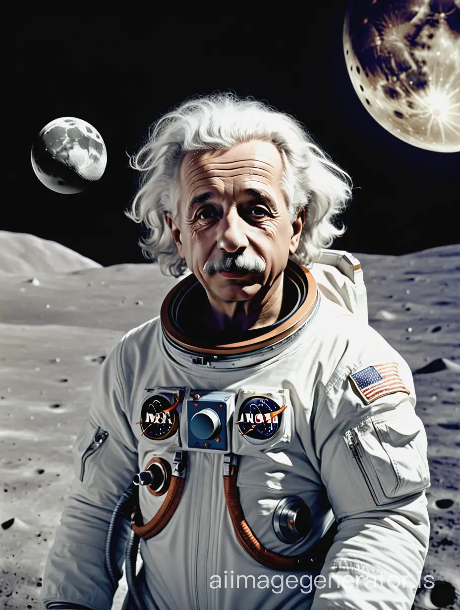 Albert Einstein as an astronaut in the moon