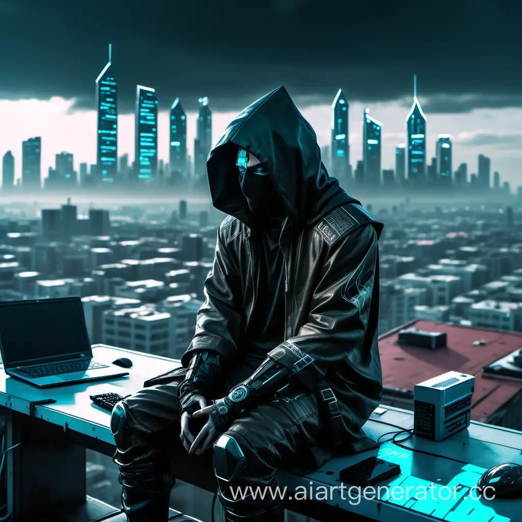 Перень сидит на крыше лицо закрыто капюшоном  заднем фоне город смотрит в сторону города  на перед ним партотивный полупрозрачный компьютер в стиле киперпанк
