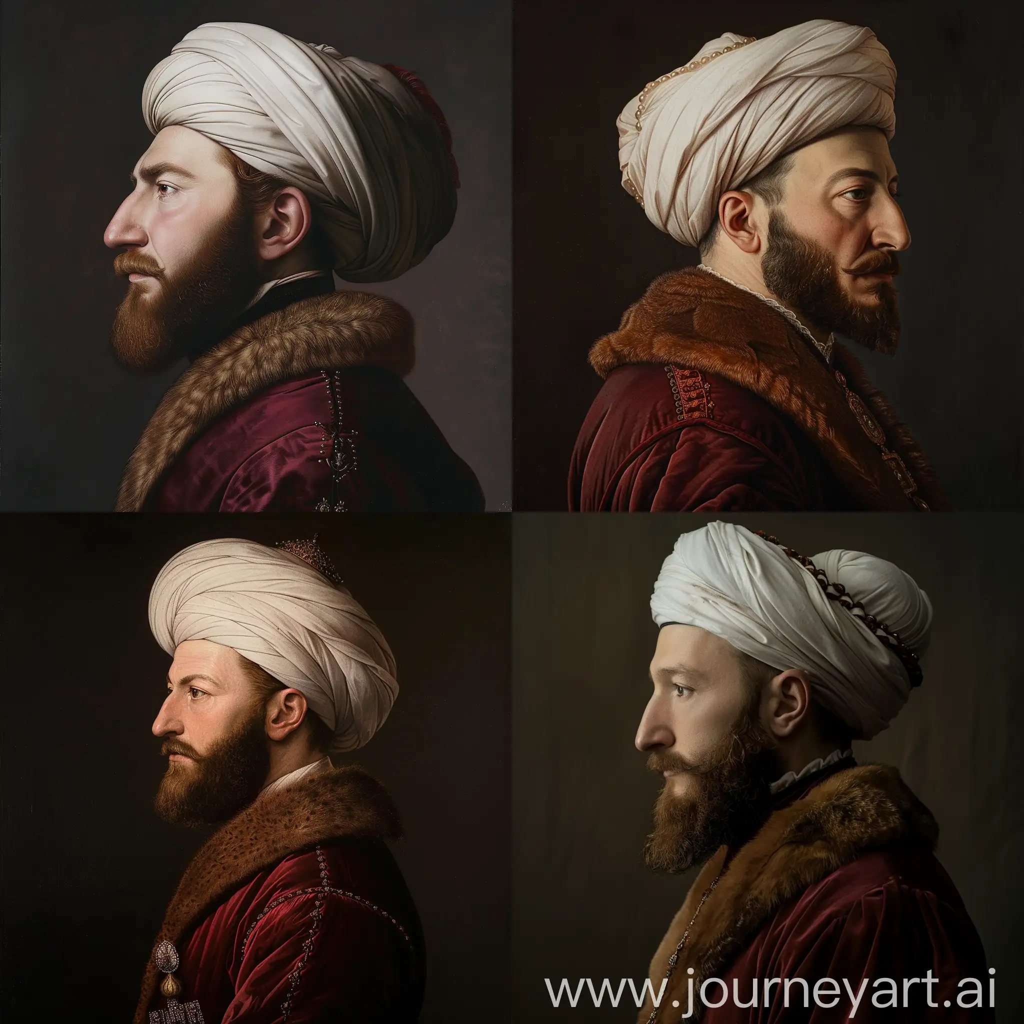 Portrait of 30 years old Ottoman Sultan Mehmed II, side pose, wearing dark red garment with brown fur collars, brown average beard, curved Ottoman nose, pale skin, white turban, glorious, charismatic leader, cinematic lighting