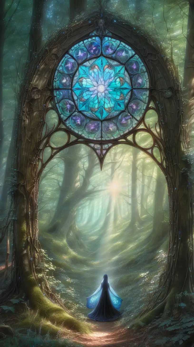  ethereal, art by Lee Man Fong, goth, forest, stained glass in the woods, fairy circle, portal, grunge enosis in the sky