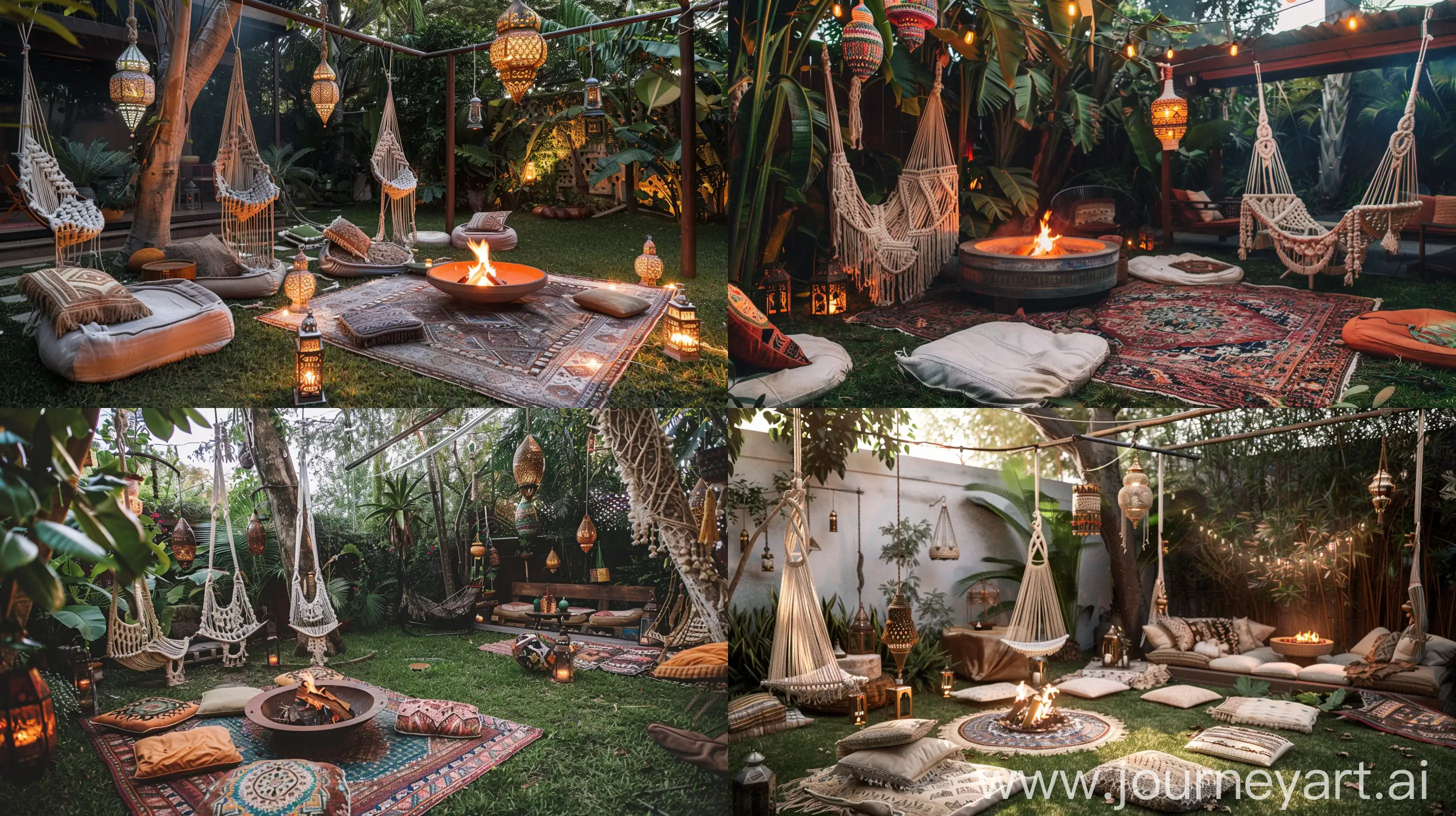 Bohemian Paradise: Backyard with Hanging Macrame Chairs, Moroccan Lanterns, and a Fire Pit Surrounded by Floor Cushions. --ar 16:9