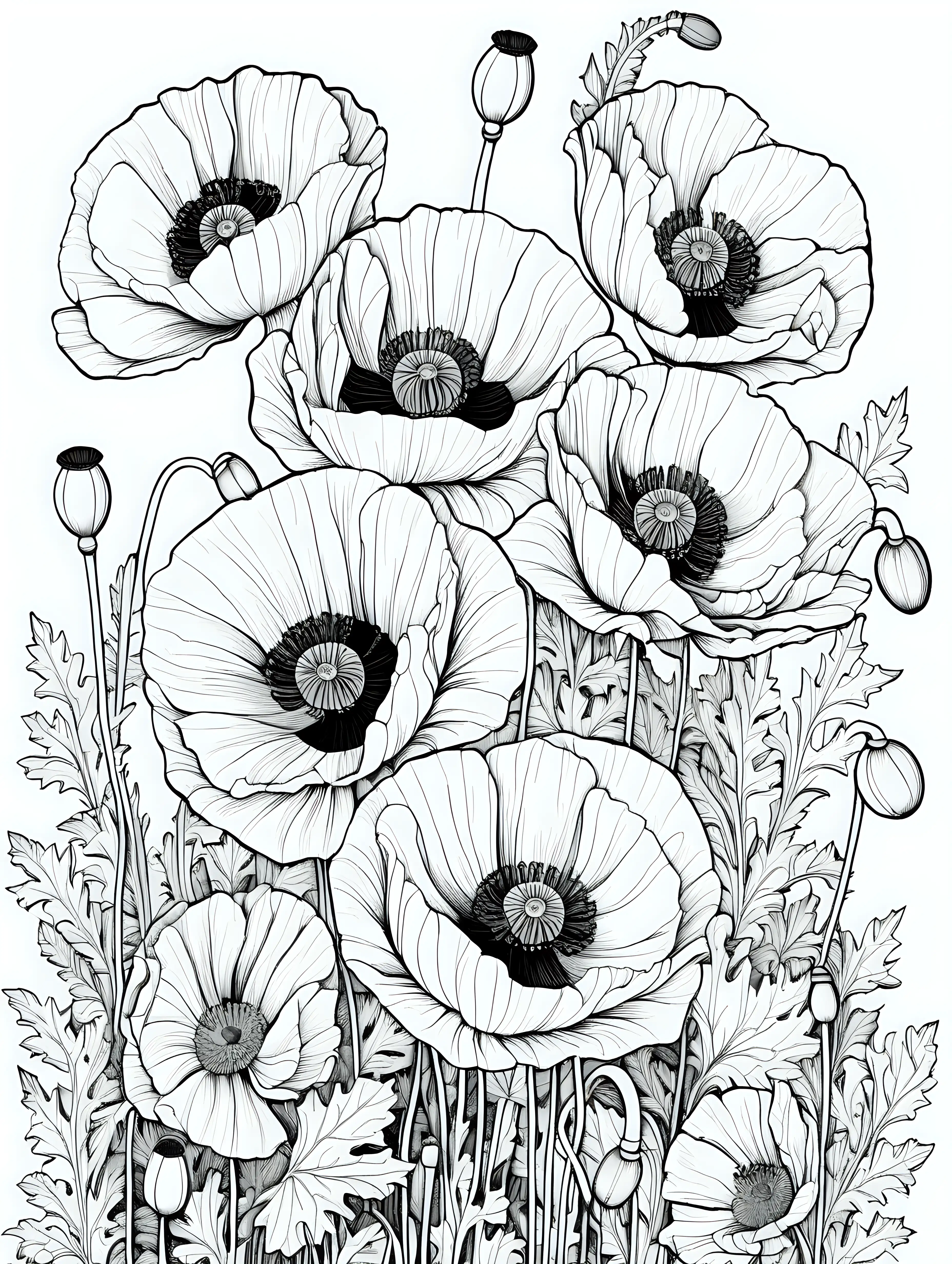 A composition of large poppy flowers filling the entire page black and white coloring page, cartoon style, thin lines, few details, no background, no shadows, no greys