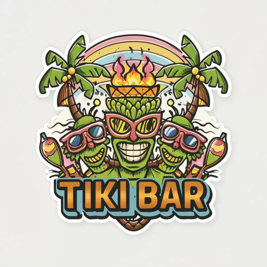 logo, imagine beach tiki scene with cute aliens dressed in 80s style clothing wearing sunglasses having drinks, Sticker, Enthusiastic, Bold Colors, Folk Art, Contour, Vector, White Background, Detailed Vector, White Background, Detailed remove words on image,, with the text "Tiki Bar", typography