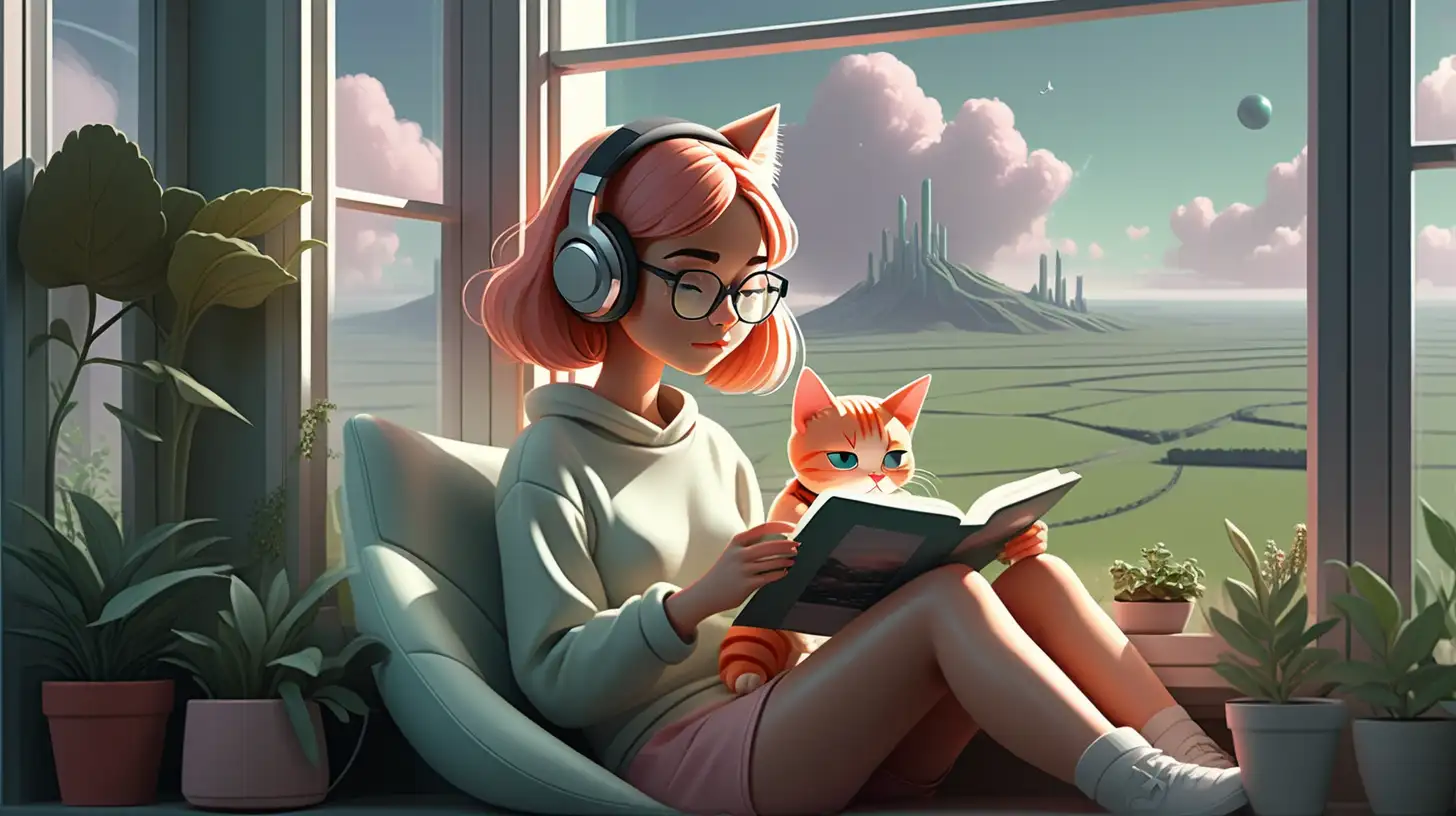 lofi girl sitting in a window overlooking a futuristic countryside with headphones and a cat while reading sitting on a soft bay window cozy chair with plants and tea with glasses 


