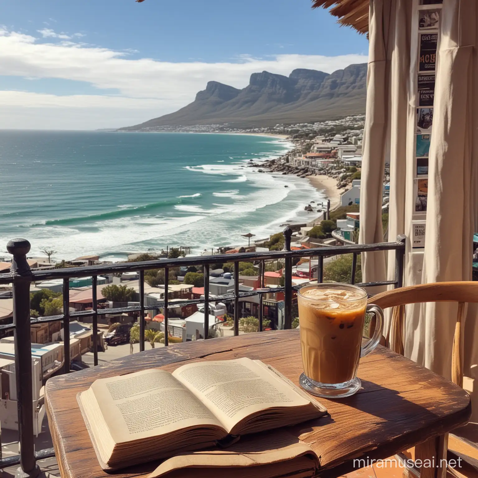 ice coffee with a fantasy book on a table in a cute restaurant in Cape town overlooking the breach
