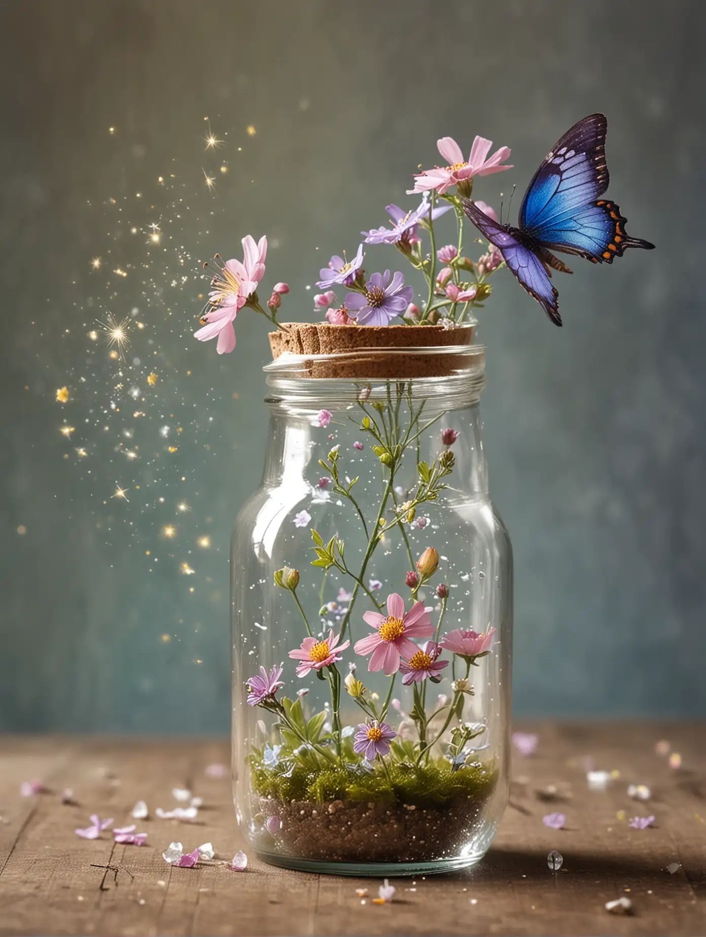 little glass jar looking alchymistic and spreading magical butterflie and sparkling flowers out of it