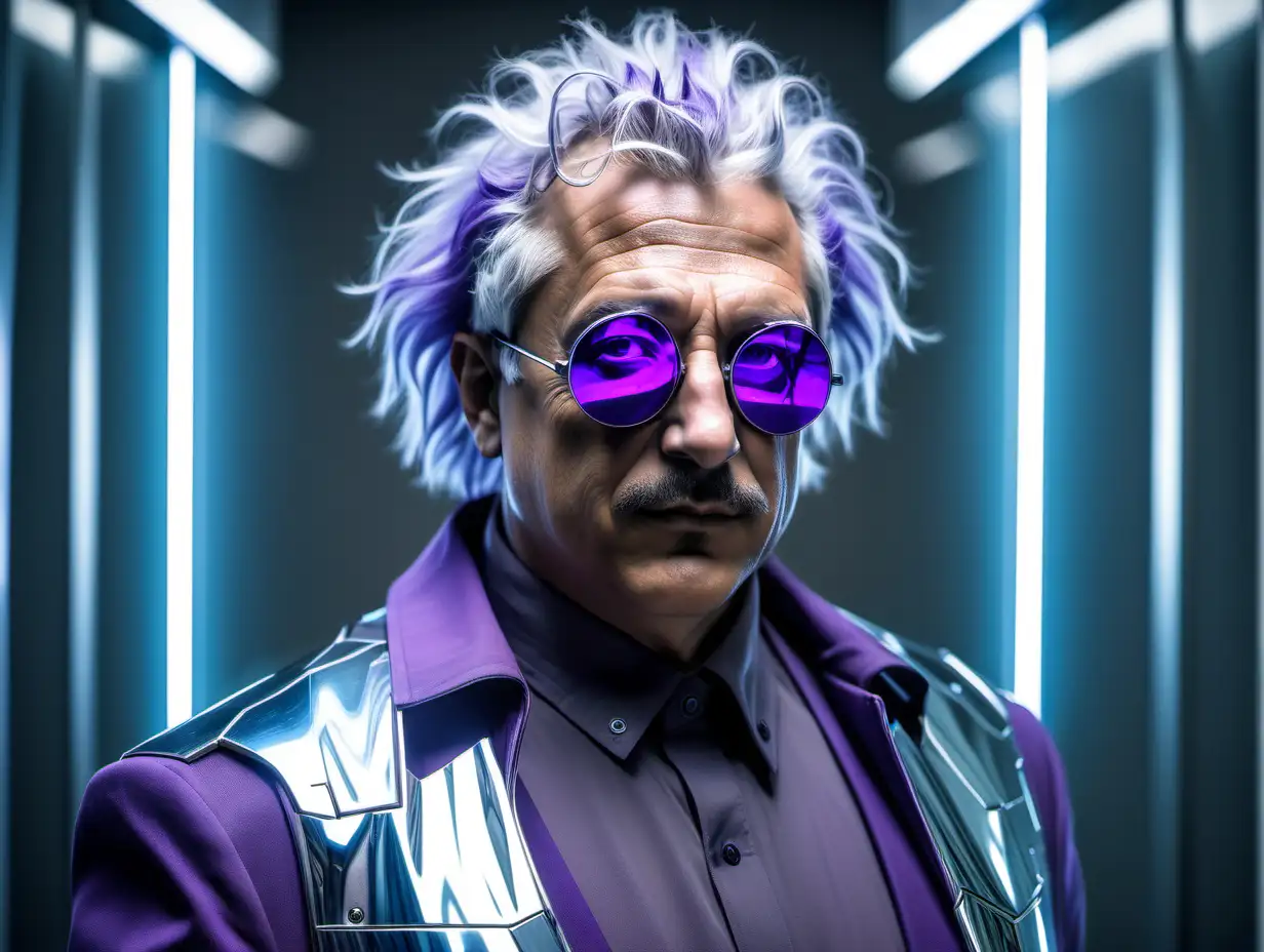 Heavy man with broad shoulders, mid thirties with cybernetic eyes behind rounded futuristic mirrored shades. Short, wild Einstein-like disheveled blue tipped hair. Dressed futuristic silver with purple accents Urban flash clothing. Clean shaven.