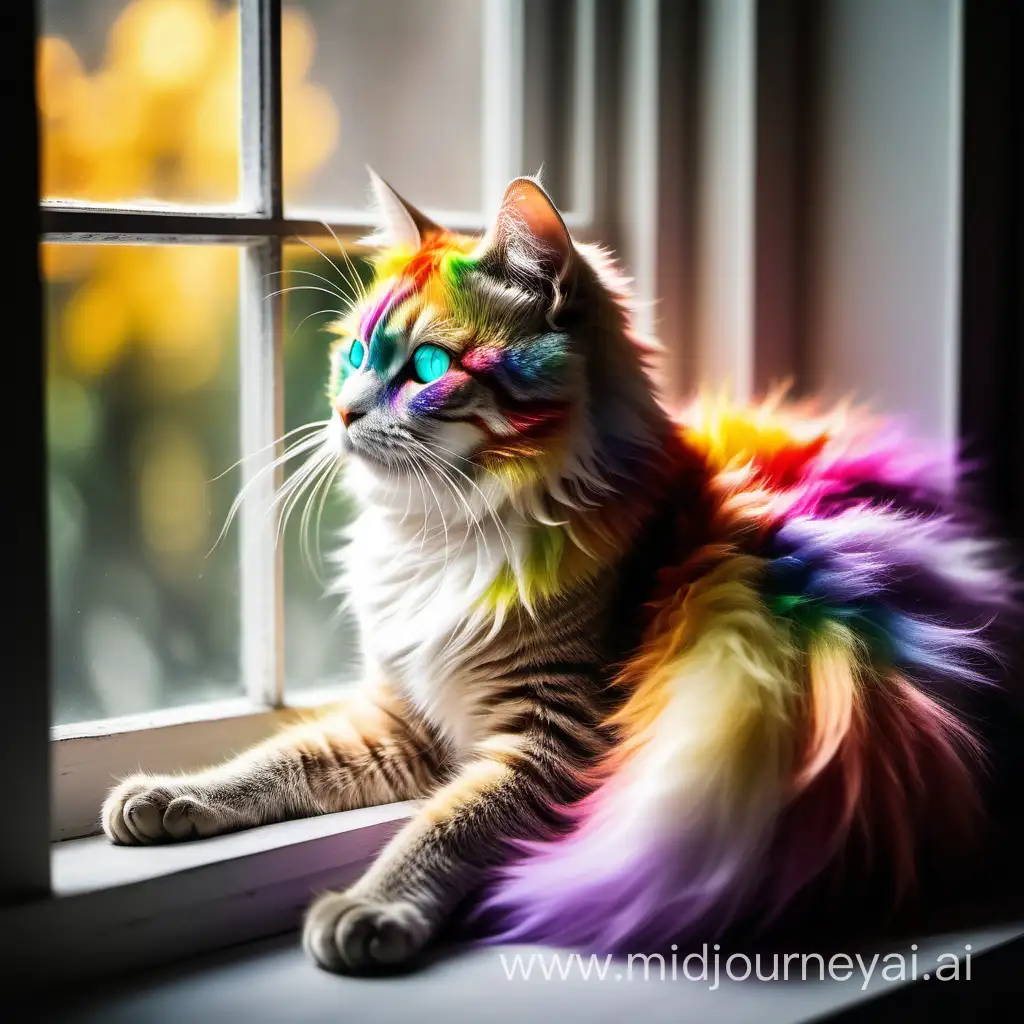 Imagine a cat with soft, fluffy fur, each strand shimmering with vibrant colors like the hues of a rainbow. Its whiskers glisten with iridescence, and its eyes sparkle with playful mischief. As it moves, streaks of color trail behind it, leaving a trail of enchantment wherever it goes.

Picture the cat perched on a windowsill, the sunlight catching its rainbow fur and casting a dazzling display of colors across the room. Or perhaps it's lounging in a flower garden, surrounded by blossoms of every shade, its presence adding an extra layer of magic to the vibrant scene.